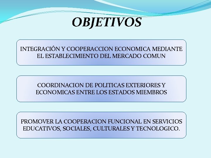 OBJETIVOS INTEGRACIÓN Y COOPERACCION ECONOMICA MEDIANTE EL ESTABLECIMIENTO DEL MERCADO COMUN COORDINACION DE POLITICAS