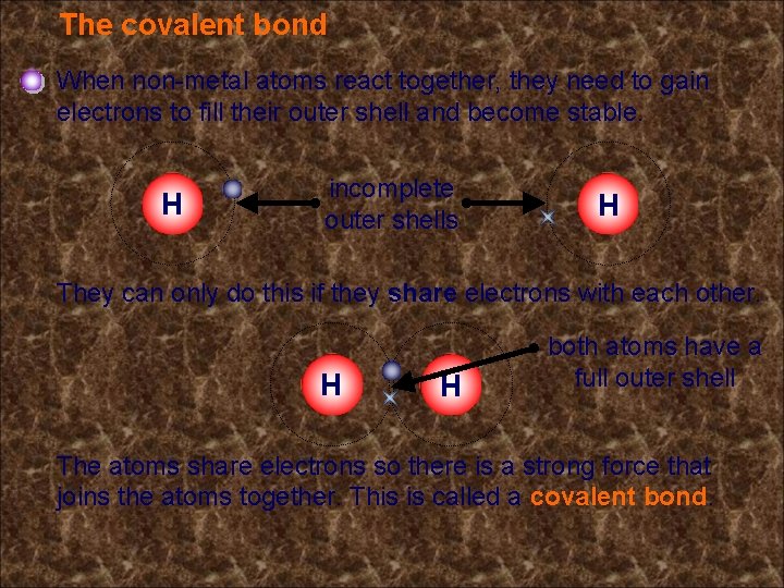 The covalent bond When non-metal atoms react together, they need to gain electrons to The covalent bond When non-metal atoms react together, they need to gain electrons to