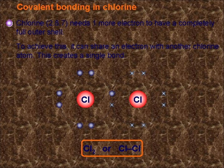 Covalent bonding in chlorine Chlorine (2. 8. 7) needs 1 more electron to have