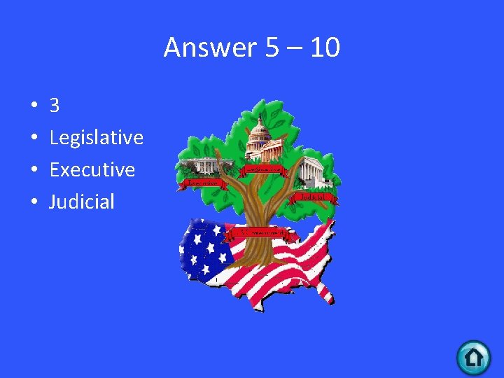 Answer 5 – 10 • • 3 Legislative Executive Judicial 