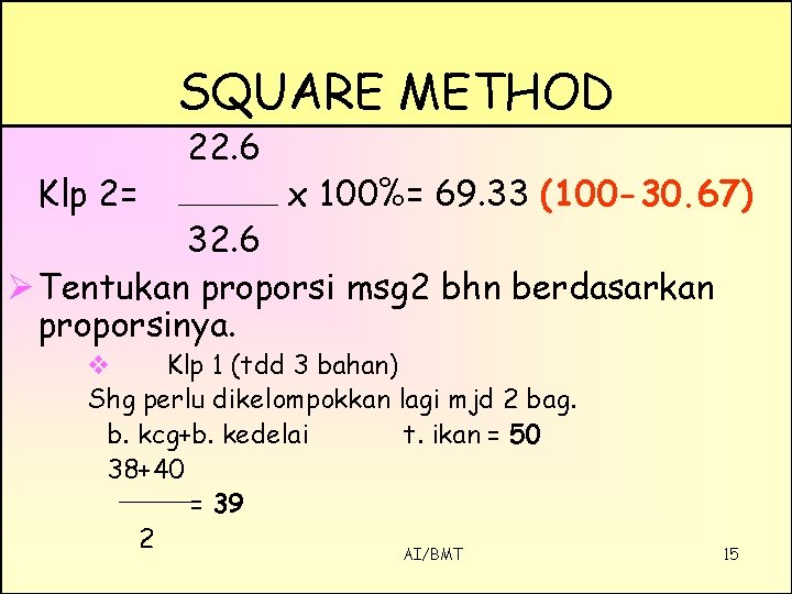 SQUARE METHOD Klp 2= 22. 6 x 100%= 69. 33 (100 -30. 67) 32.