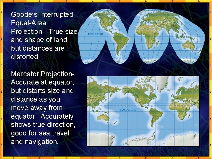 Goode’s Interrupted Equal-Area Projection- True size and shape of land, but distances are distorted