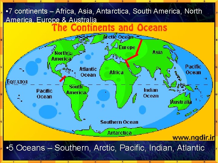  • 7 continents – Africa, Asia, Antarctica, South America, North America, Europe &