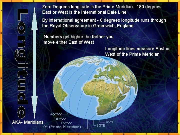 Zero Degrees longitude is the Prime Meridian. 180 degrees East or West is the