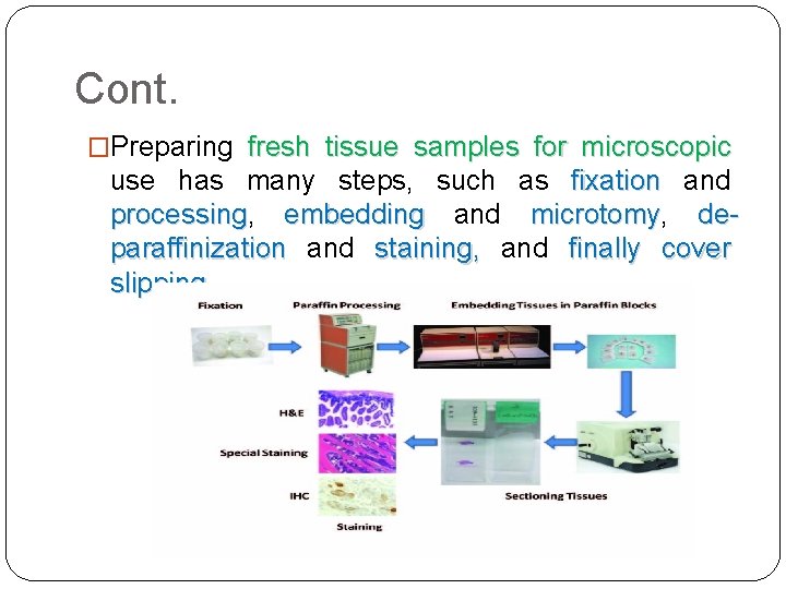 Cont. �Preparing fresh tissue samples for microscopic use has many steps, such as fixation