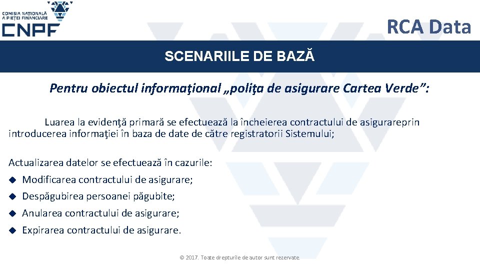 RCA Data SCENARIILE DE BAZĂ Pentru obiectul informaţional „poliţa de asigurare Cartea Verde”: Luarea