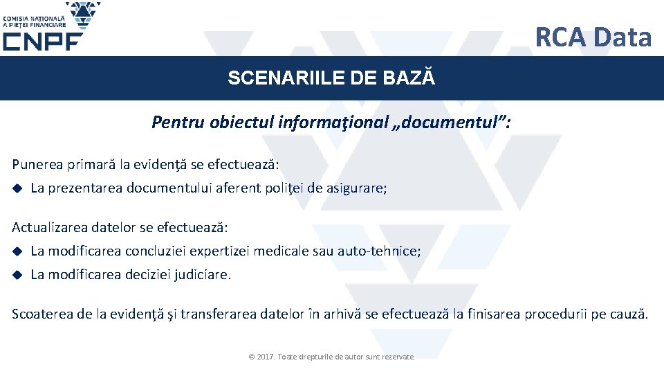 RCA Data SCENARIILE DE BAZĂ Pentru obiectul informaţional „documentul”: Punerea primară la evidenţă se