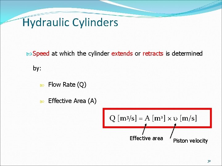 Hydraulic Cylinders Speed at which the cylinder extends or retracts is determined by: Flow