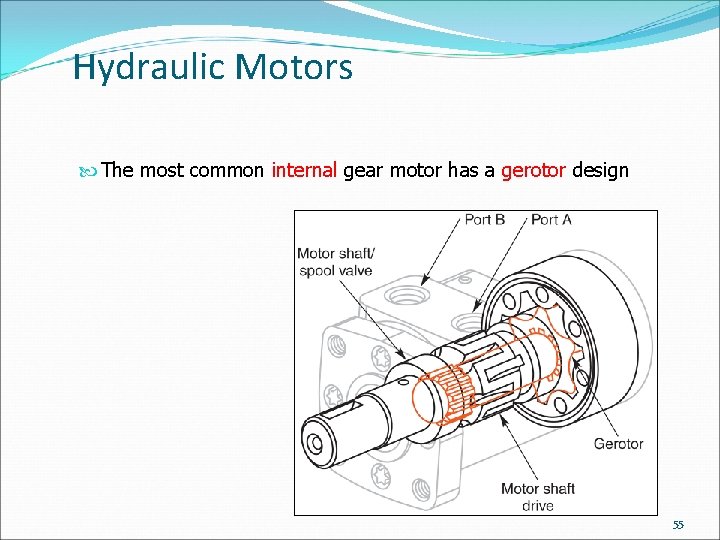Hydraulic Motors The most common internal gear motor has a gerotor design 55 