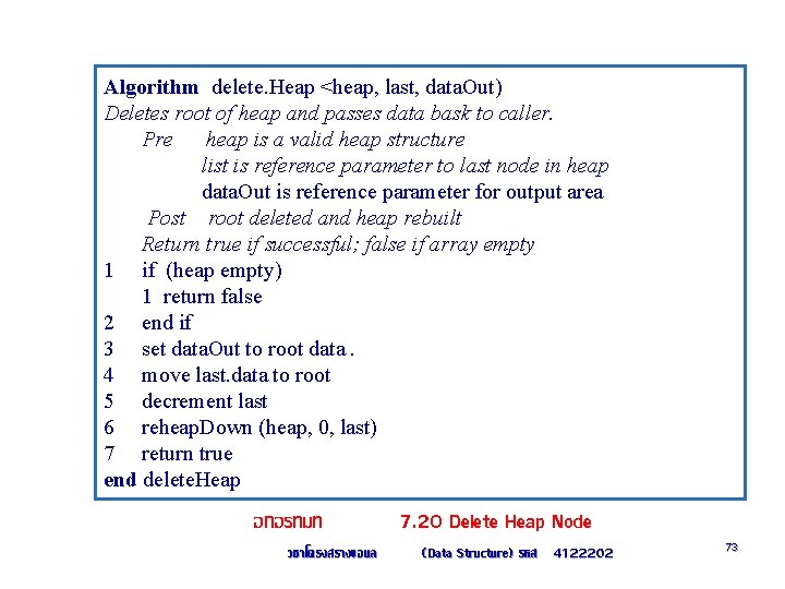 Algorithm delete. Heap <heap, last, data. Out) Deletes root of heap and passes data