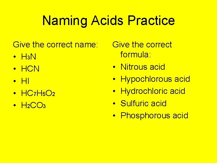 Naming Acids Practice Give the correct name: • H 3 N • HCN •