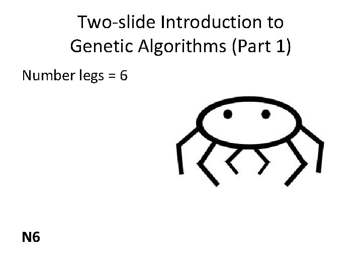 Two-slide Introduction to Genetic Algorithms (Part 1) Number legs = 6 N 6 