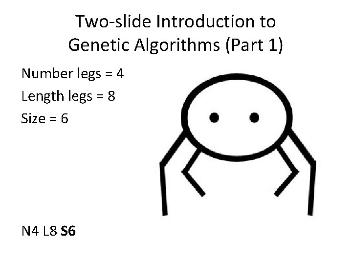 Two-slide Introduction to Genetic Algorithms (Part 1) Number legs = 4 Length legs =