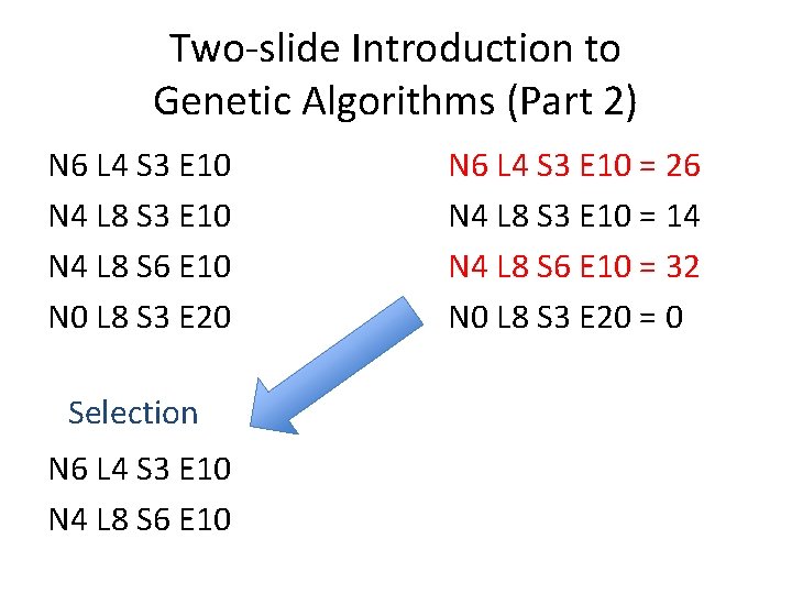 Two-slide Introduction to Genetic Algorithms (Part 2) N 6 L 4 S 3 E