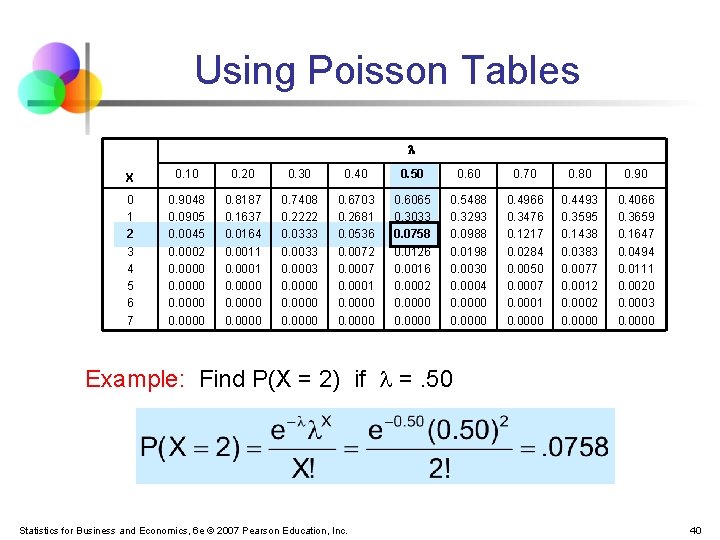 Using Poisson Tables X 0. 10 0. 20 0. 30 0. 40 0. 50
