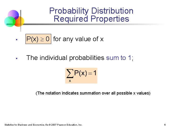 Probability Distribution Required Properties § P(x) 0 for any value of x § The