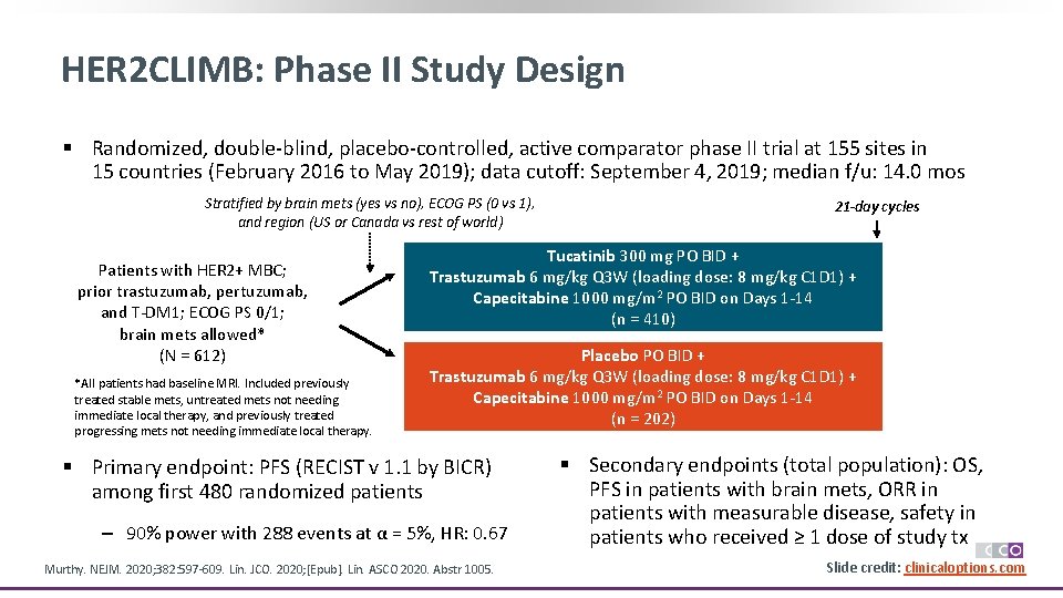HER 2 CLIMB: Phase II Study Design § Randomized, double-blind, placebo-controlled, active comparator phase