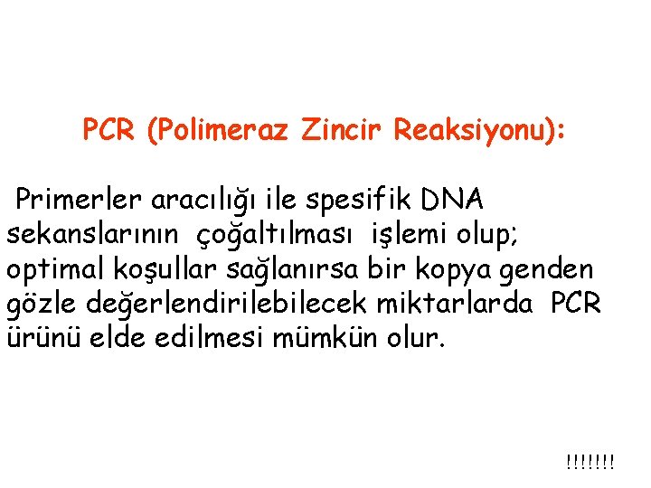 PCR (Polimeraz Zincir Reaksiyonu): Primerler aracılığı ile spesifik DNA sekanslarının çoğaltılması işlemi olup; optimal