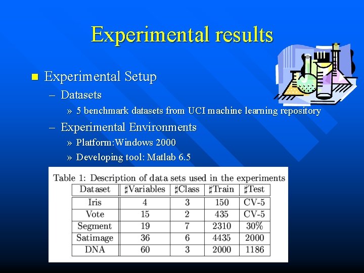 Experimental results n Experimental Setup – Datasets » 5 benchmark datasets from UCI machine