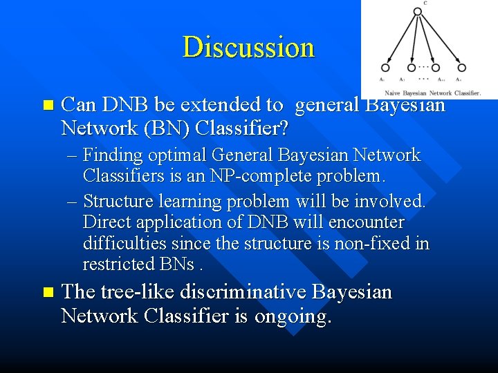 Discussion n Can DNB be extended to general Bayesian Network (BN) Classifier? – Finding