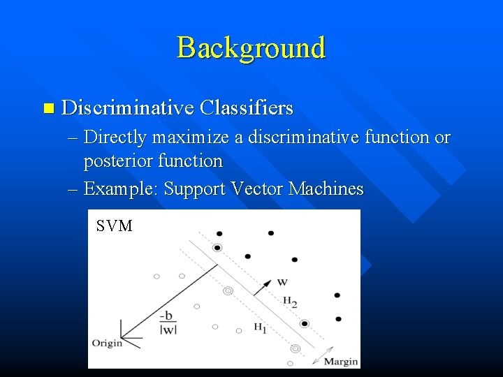 Background n Discriminative Classifiers – Directly maximize a discriminative function or posterior function –