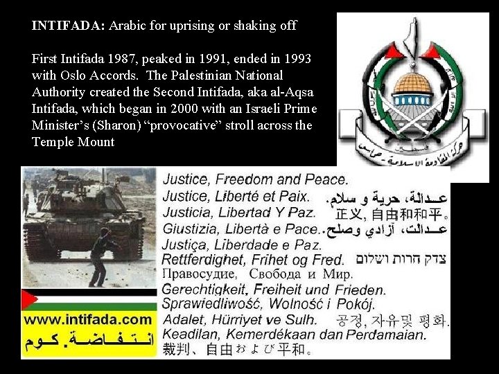 INTIFADA: Arabic for uprising or shaking off First Intifada 1987, peaked in 1991, ended
