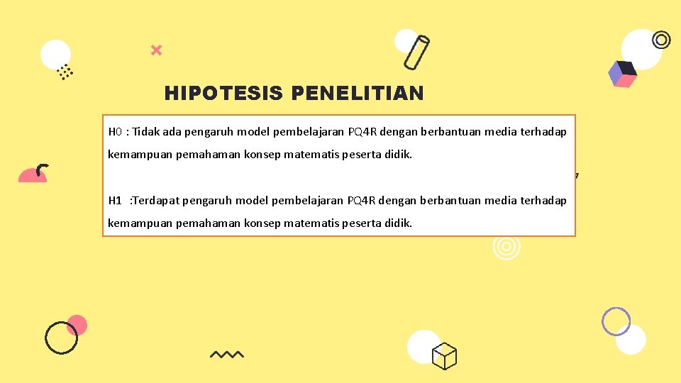 HIPOTESIS PENELITIAN H 0 : Tidak ada pengaruh model pembelajaran PQ 4 R dengan