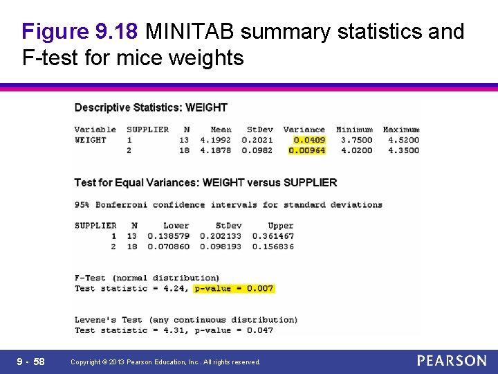 Figure 9. 18 MINITAB summary statistics and F-test for mice weights 9 - 58