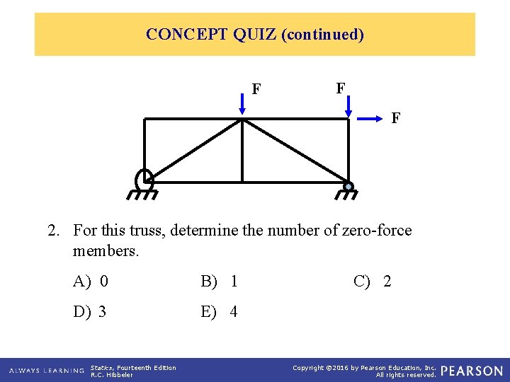 CONCEPT QUIZ (continued) F F F 2. For this truss, determine the number of