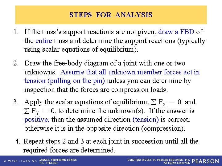 STEPS FOR ANALYSIS 1. If the truss’s support reactions are not given, draw a