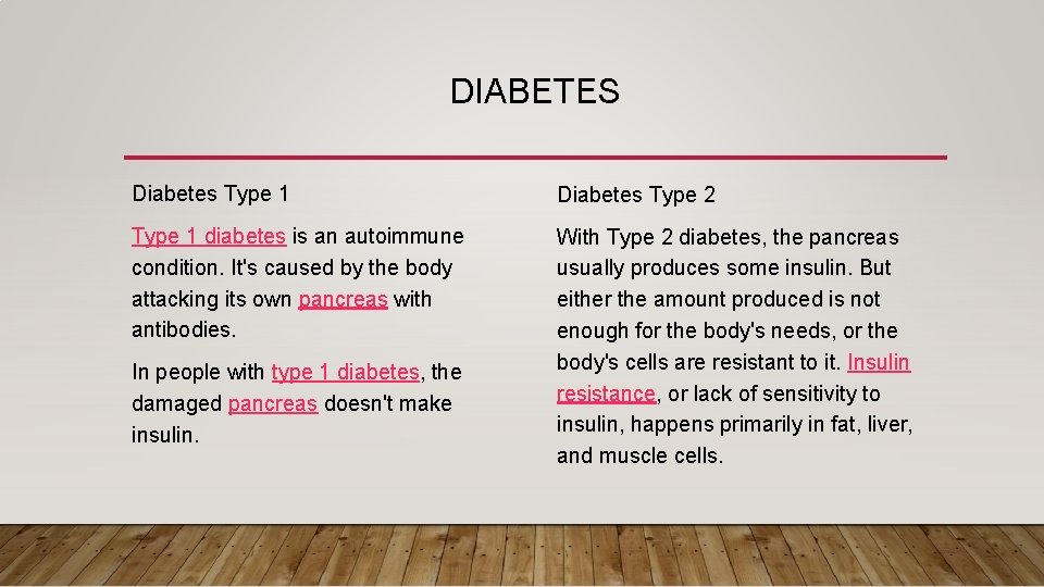 DIABETES Diabetes Type 1 Diabetes Type 2 Type 1 diabetes is an autoimmune condition.