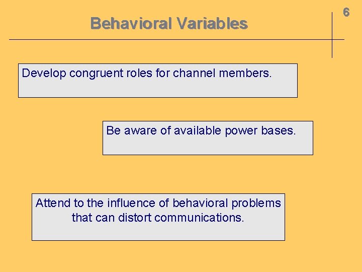 Behavioral Variables Develop congruent roles for channel members. Be aware of available power bases.