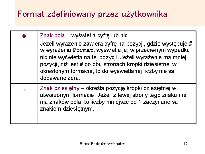 Format zdefiniowany przez użytkownika # Znak pola – wyświetla cyfrę lub nic. Jeżeli wyrażenie Format zdefiniowany przez użytkownika # Znak pola – wyświetla cyfrę lub nic. Jeżeli wyrażenie