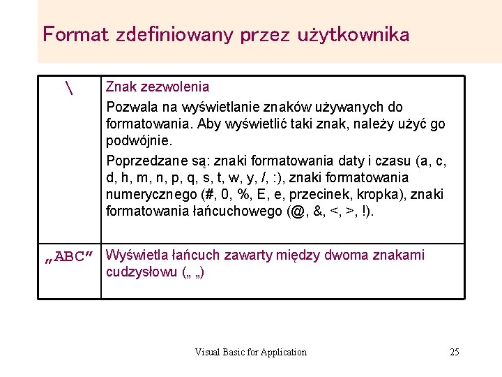 Format zdefiniowany przez użytkownika Znak zezwolenia Pozwala na wyświetlanie znaków używanych do formatowania. Format zdefiniowany przez użytkownika Znak zezwolenia Pozwala na wyświetlanie znaków używanych do formatowania.