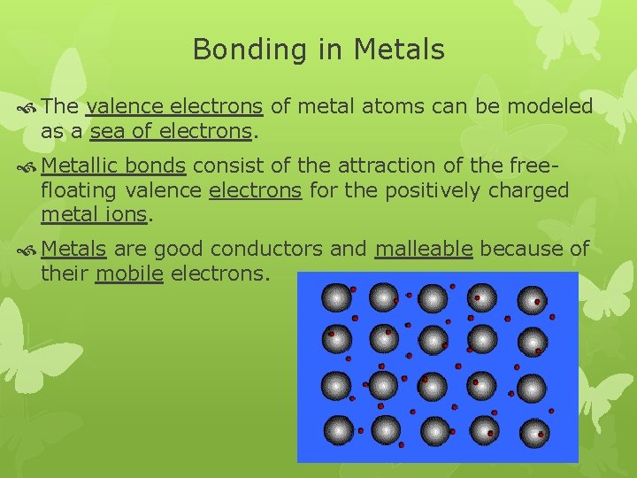 Bonding in Metals The valence electrons of metal atoms can be modeled as a