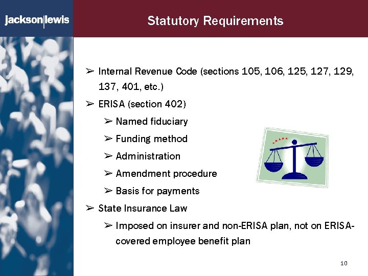 Statutory Requirements ➢ Internal Revenue Code (sections 105, 106, 125, 127, 129, 137, 401,