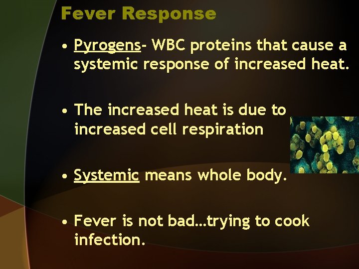 Fever Response • Pyrogens- WBC proteins that cause a systemic response of increased heat.