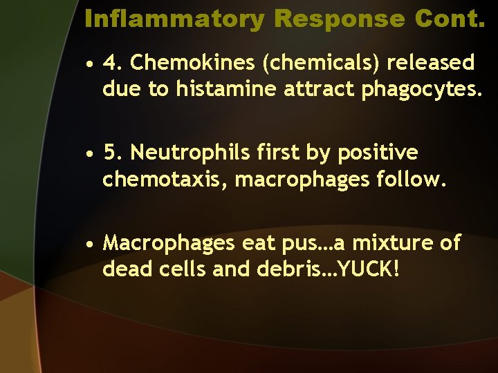 Inflammatory Response Cont. • 4. Chemokines (chemicals) released due to histamine attract phagocytes. •