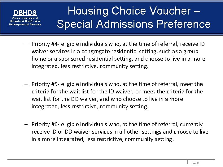 DBHDS Virginia Department of Behavioral Health and Developmental Services Housing Choice Voucher – Special