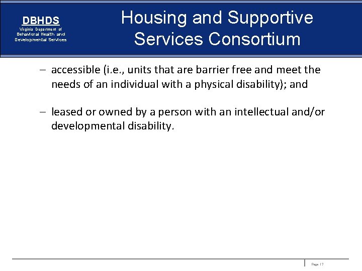 DBHDS Virginia Department of Behavioral Health and Developmental Services Housing and Supportive Services Consortium