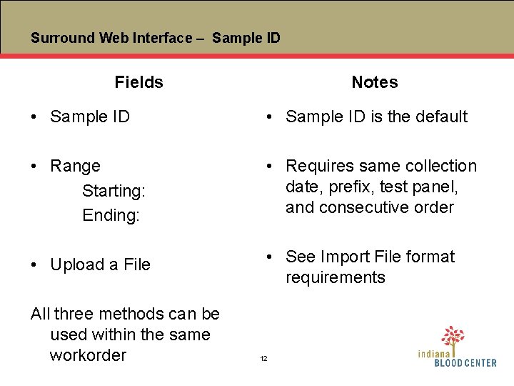 Surround Web Interface – Sample ID Fields Notes • Sample ID is the default
