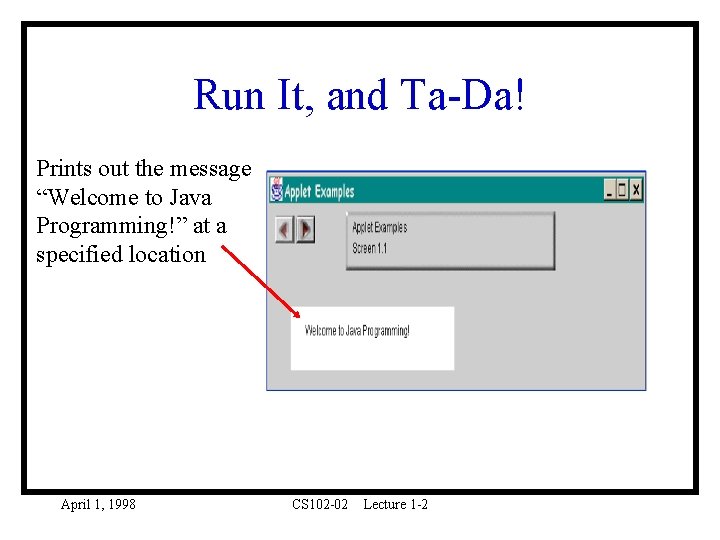 Run It, and Ta-Da! Prints out the message “Welcome to Java Programming!” at a