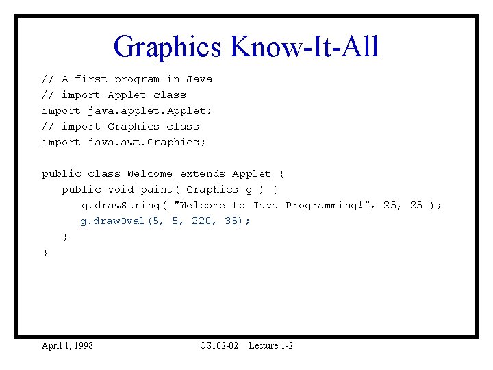 Graphics Know-It-All // A first program in Java // import Applet class import java.