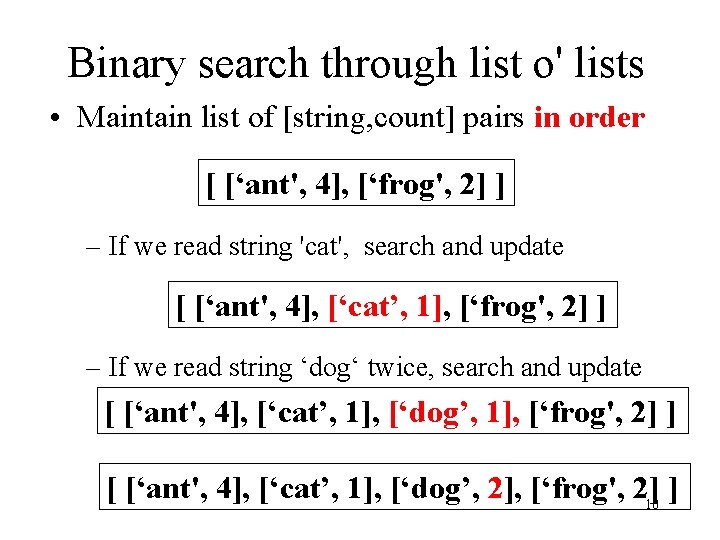 Binary search through list o' lists • Maintain list of [string, count] pairs in