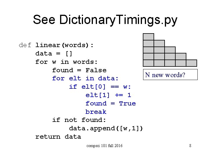 See Dictionary. Timings. py def linear(words): data = [] for w in words: found