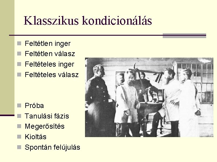 Klasszikus kondicionálás n Feltétlen inger n Feltétlen válasz n Feltételes inger n Feltételes válasz