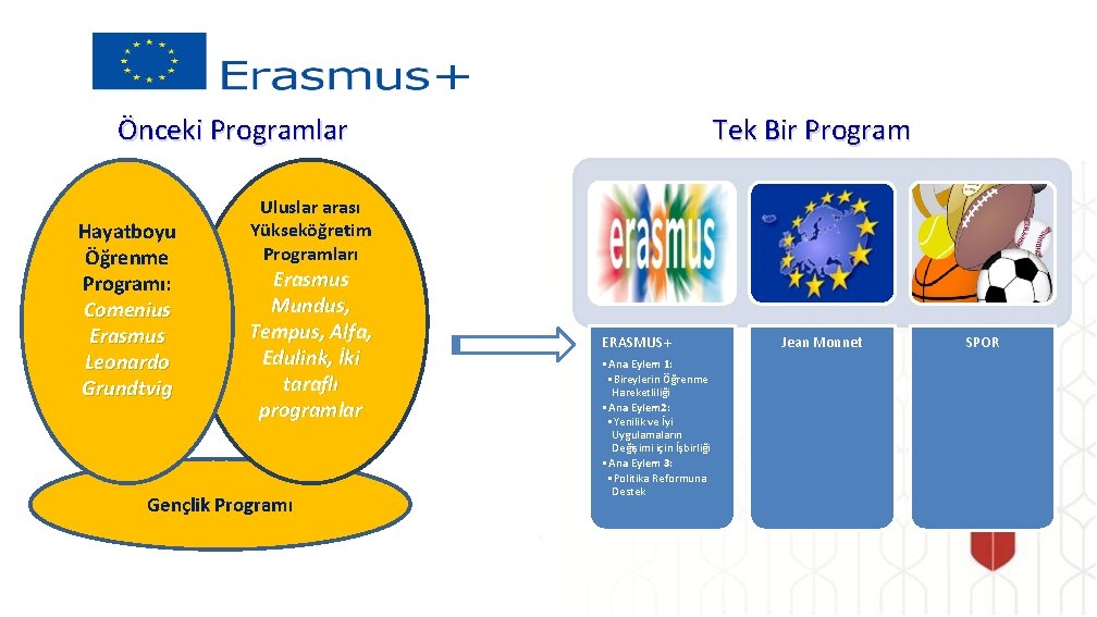 Önceki Programlar Hayatboyu Öğrenme Programı: Comenius Erasmus Leonardo Grundtvig Tek Bir Program Uluslar arası