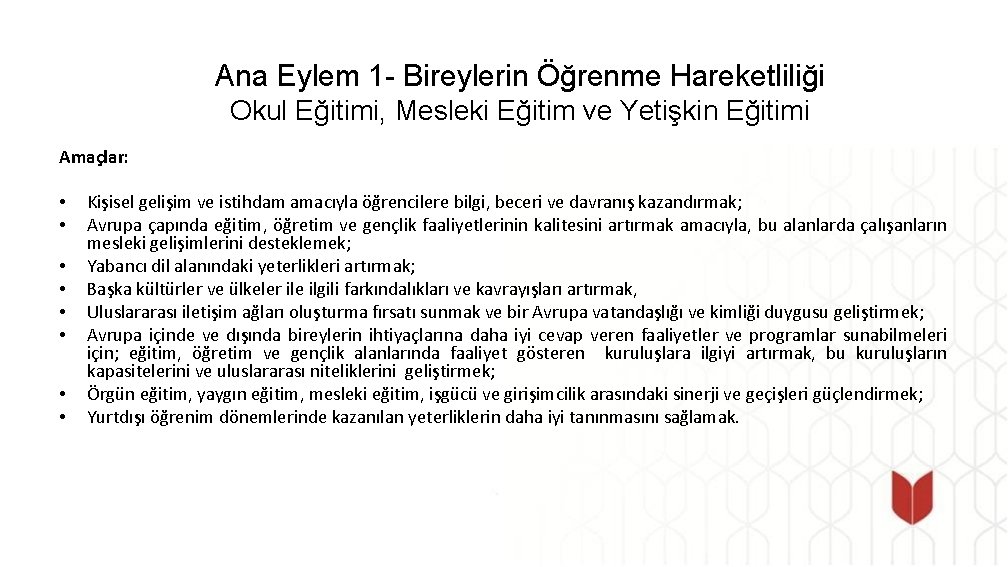 Ana Eylem 1 - Bireylerin Öğrenme Hareketliliği Okul Eğitimi, Mesleki Eğitim ve Yetişkin Eğitimi