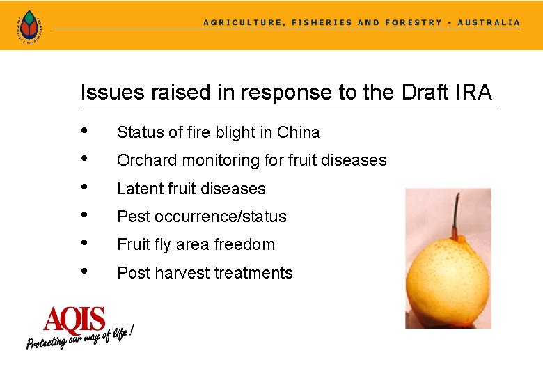 Issues raised in response to the Draft IRA • • • Status of fire