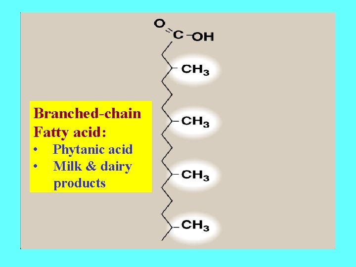 Branched-chain Fatty acid: • • Phytanic acid Milk & dairy products 